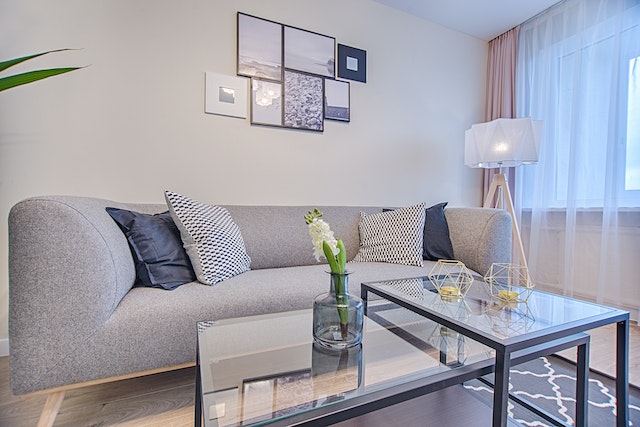 grey and blue living room